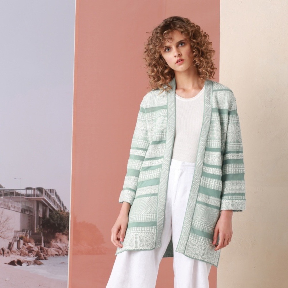IVKO Geometric Long Cardigan Jacket in Turquoise Aqua Green Blue 44 XXL 14